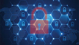 Lucchetto rosso su uno sfondo blu a nido d'ape con serrature bianche in alcune celle