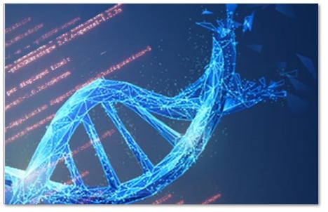 Blue DNA helix with a lightning pattern inside the strands in front of a screen of red computer code