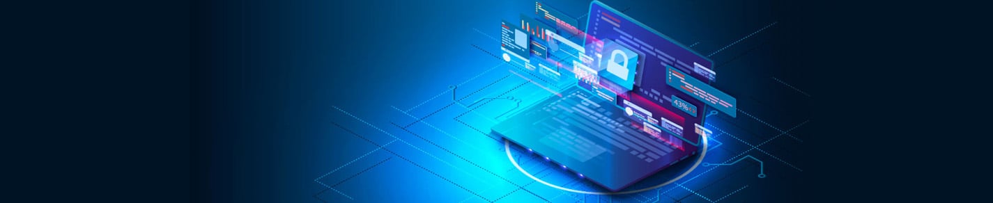 laptop on a glowing blue background with app screens projected in front of the screen