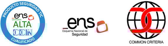 Certification badges including Common Criteria, ENS and CCN