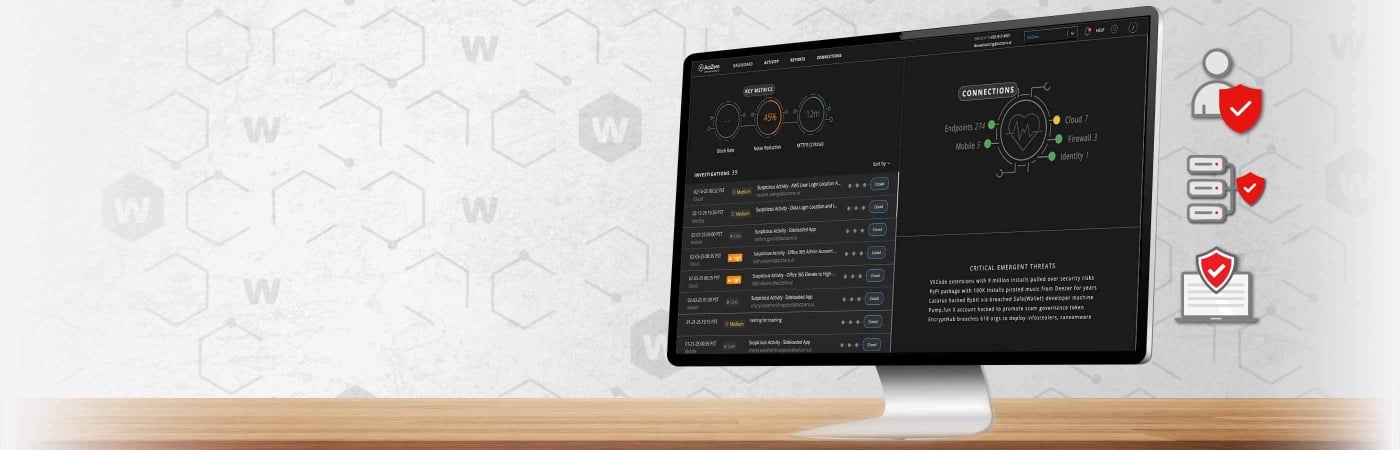 Monitor showing WatchGuard MDR screen with WatchGuard Identity Security, Network Security and Endpoint Security icons next to it