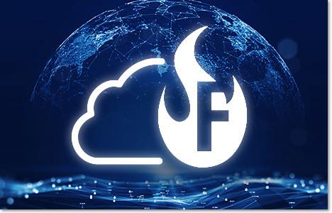 globe made of points of white light with a white FireCloud icon in front