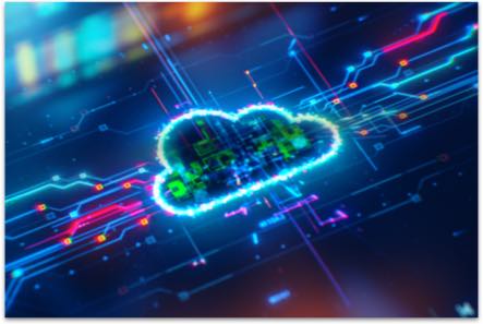 Glowing white cloud shape on a dark blue circuit board patterned background