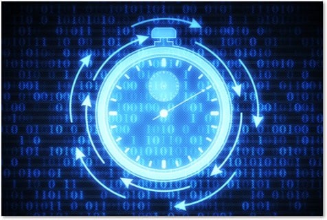 glowing stopwatch icon against a background of blue 1s and 0s