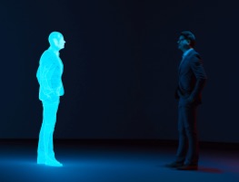 Glowing figure facing a shadowy man in a suit