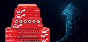 Stack of red WatchGuard Fireboxes next to an arrow made of lights pointing upwards