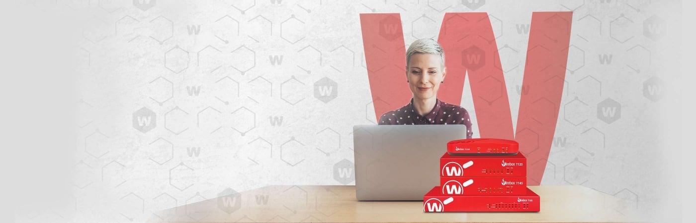 Woman with short wite hair working at a laptop with a stack of red tabletop Firebox firewalls in front of her
