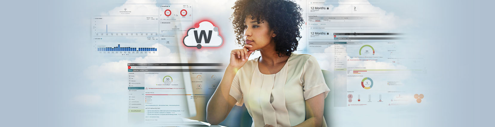 black woman with natural hair looking at a laptop with clouds and screens all around her