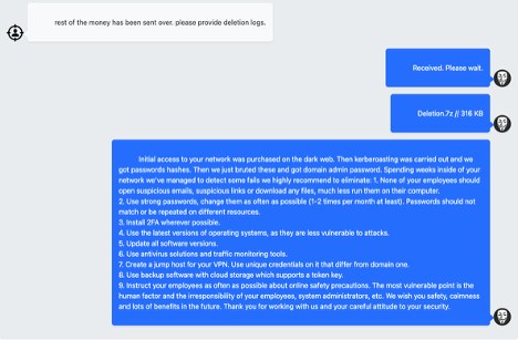 Screenshot of a ransomware incident response chat showing attacker-suggested security practices post-payment, underscoring business risks and IT vulnerabilities.
