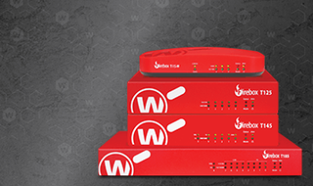 Next-Gen Firebox Tabletop Series from WatchGuard - 4 red tabletop firewalls in a stack